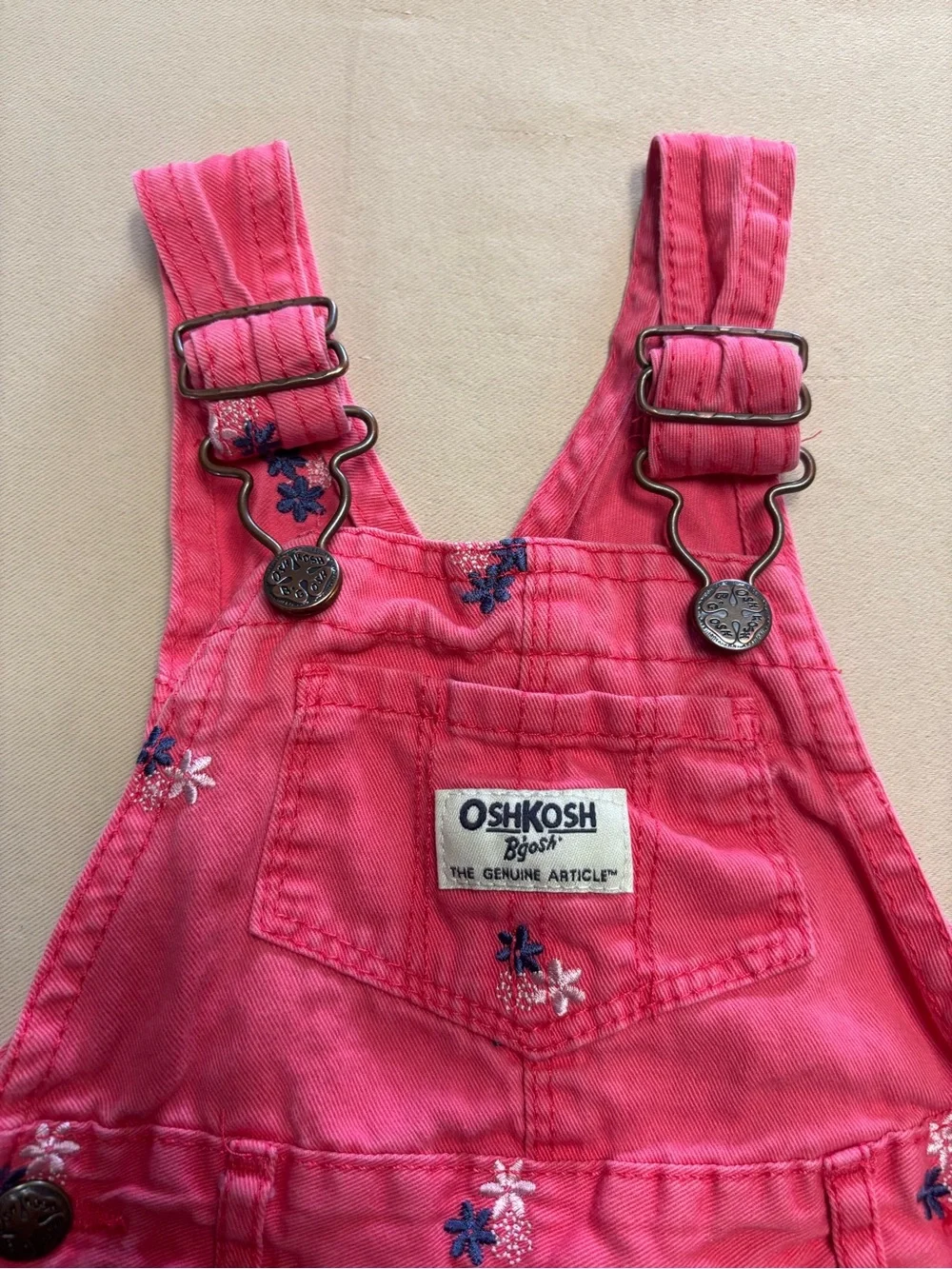 OshKosh Bgosh Baby Girl Overall Shorts 9 Months Dark Pink Flowers Embroidered